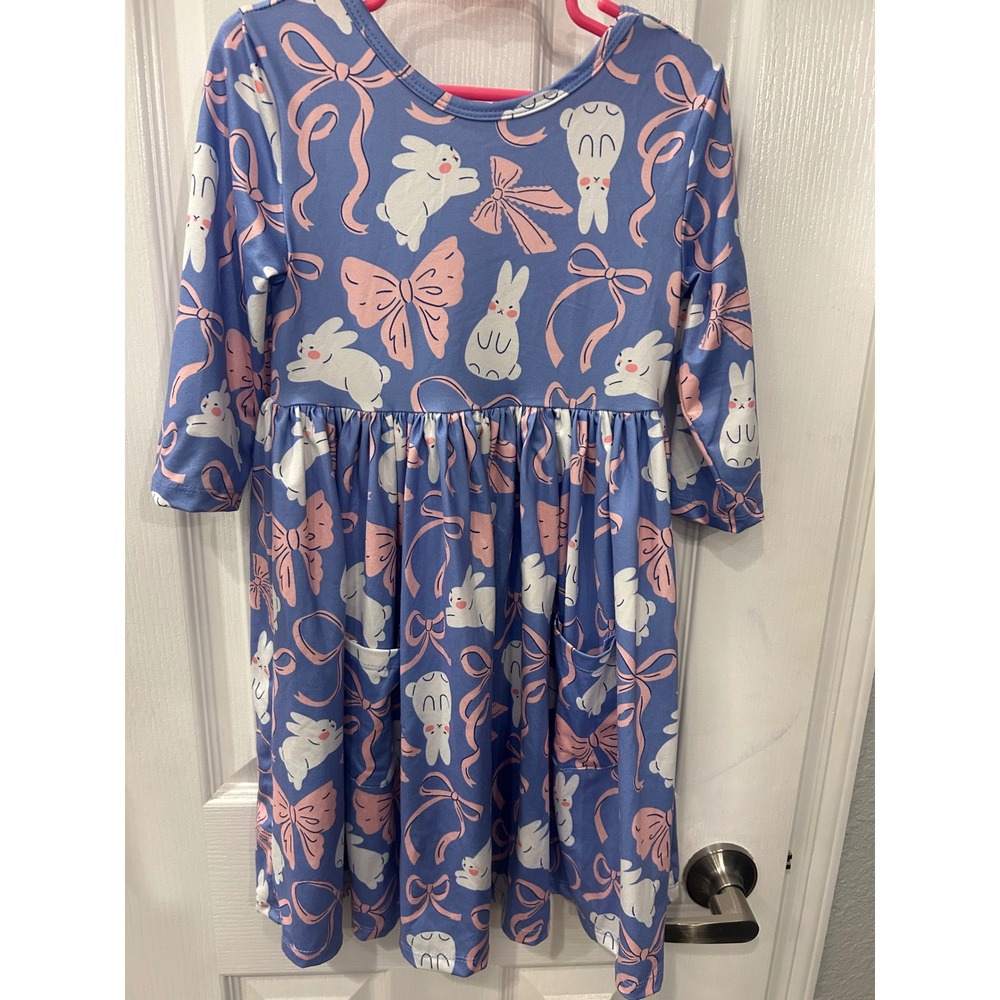 Mila & Rose Dress Blue Bunny Bow Print 3/4 Sleeve Pockets Easter Kids 5/6 bin A